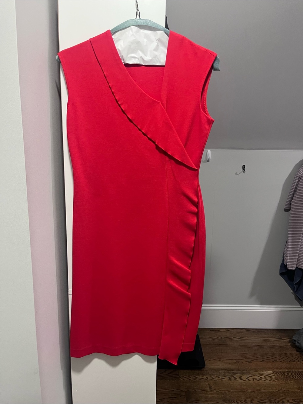 Anne Klein Red Sleeveless Sheath Dress with subtle Ruffle Detail
